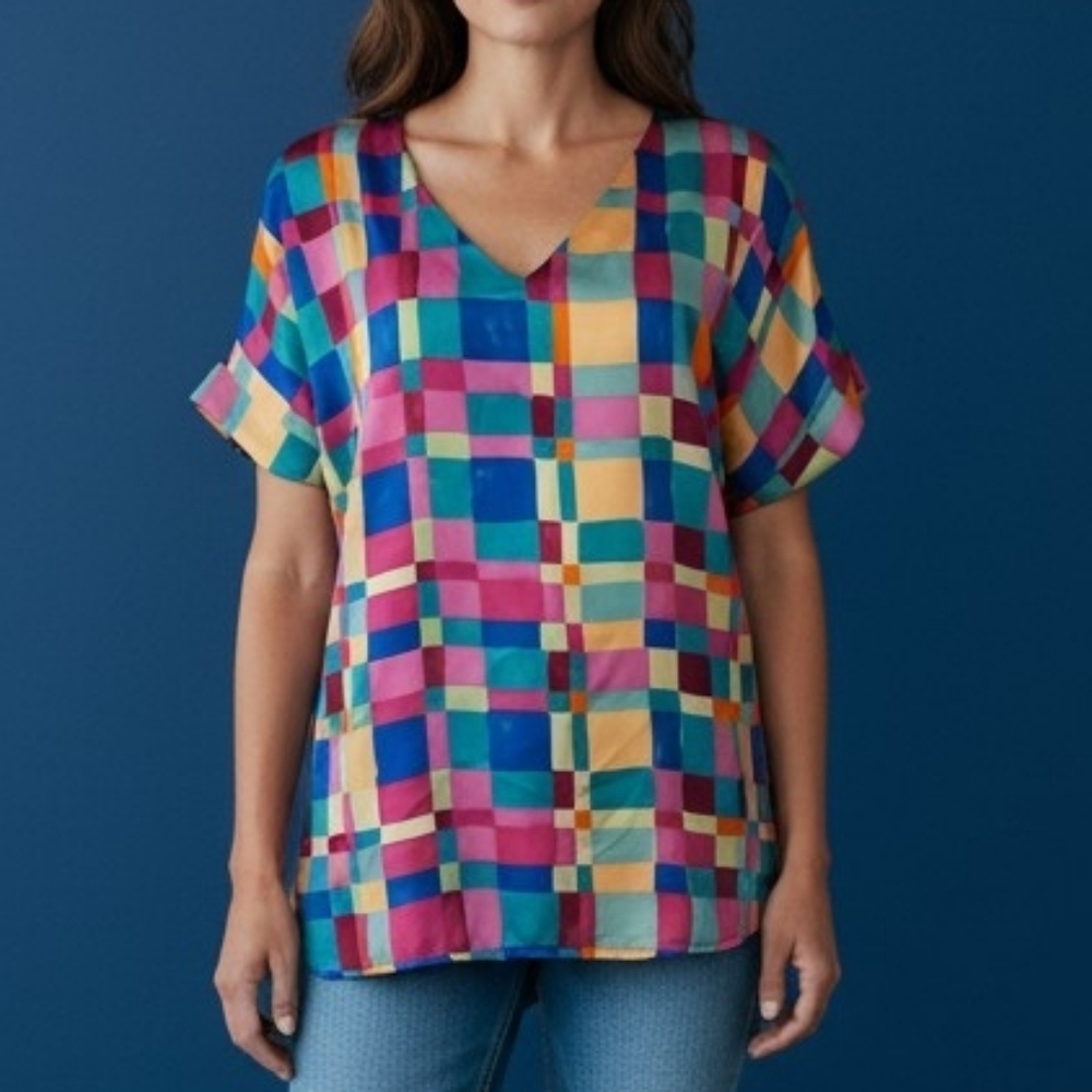 EMILY WONDER Colorful Rainbow Checkered V-neck Short Sleeve Satin Top